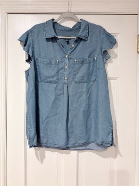 Jones New York Signature Chambray Ruffle Sleeve Top Plus Size 1X